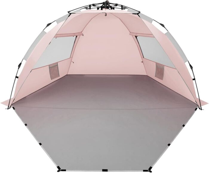 X-Large 4 Person Beach Tent Sun Shelter - Portable Sun Shade Instant Tent for Beach with Carrying Bag, Stakes, 6 Sand Pockets, Anti UV for Fishing Hiking Camping, Waterproof Windproof, Pink - Image 1