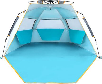 3-4 Person Easy Up Beach Tent UPF 50+ Portable Instant Sun Shelter Canopy Umbrella with Extended Zippered Porch, Blue