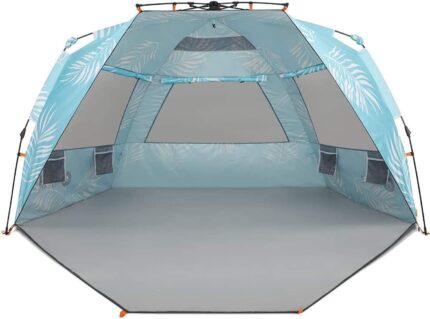 Instant Shader Enhanced (Prints) Deluxe XL Beach Tent 4-6 Person Popup Sun Shelter 99" Wide for Family UPF 50+ Double Silver Coated with Extended Zippered Porch Palm Tree Leaves