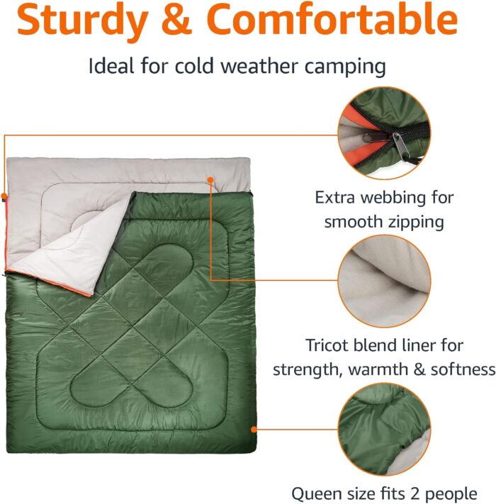 40°F Cool Weather Two-Person Sleeping Bag, 87 Inches x 59 Inches, Olive Green - Image 2