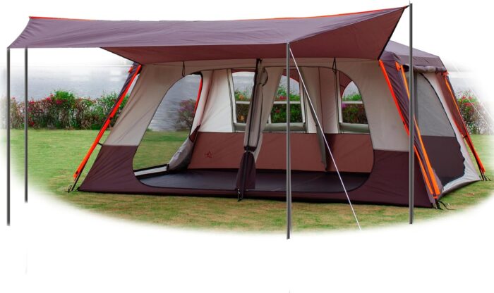 Extra Large Tent 12 Person(A),Awning Family Cabin Tents,2 Rooms,3 Doors and 3 Windows with Mesh,Straight Wall,Waterproof,Double Layer,Big Tent for Outdoor,Picnic,Camping,Family Gathering。 - Image 1