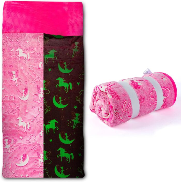 Kids Sleeping Bag Glow in The Dark Slumber Bag for Girls and Boys - Large, Soft, Durable, Warm, Plush Sleeping Bags - Dinosaur & Unicorn Gift for Sleep Overs - Image 1